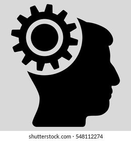 Brain Gear vector pictograph. Style is flat graphic symbol, black color, light gray background.