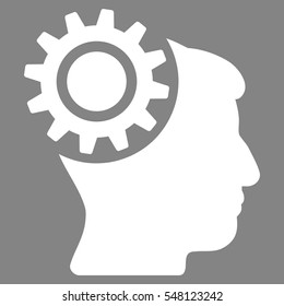 Brain Gear vector pictograph. Style is flat graphic symbol, white color, gray background.