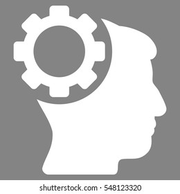 Brain Gear vector pictograph. Style is flat graphic symbol, white color, gray background.
