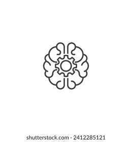 Cerebro con rueda de engranajes, tecnología de pensamiento. Plantilla de esquema de icono de vector
