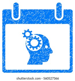 Brain Gears Calendar Day grainy textured icon for overlay watermark stamps. Flat symbol with dirty texture. Dotted vector blue ink rubber seal stamp with grunge design on a white background.