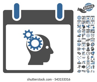 Brain Gears Calendar Day icon with bonus calendar and time management pictures. Vector illustration style is flat iconic symbols, cobalt and gray, white background.