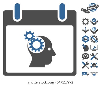 Brain Gears Calendar Day icon with bonus options clip art. Vector illustration style is flat iconic symbols, cobalt and gray, white background.