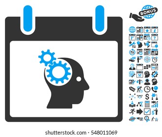 Brain Gears Calendar Day icon with bonus calendar and time management graphic icons. Vector illustration style is flat iconic symbols, blue and gray, white background.
