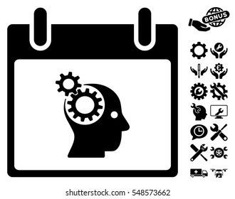 Brain Gears Calendar Day icon with bonus tools images. Vector illustration style is flat iconic symbols, black, white background.