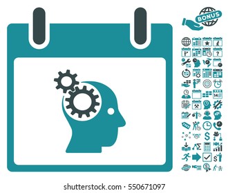 Brain Gears Calendar Day pictograph with bonus calendar and time management symbols. Vector illustration style is flat iconic symbols, soft blue, white background.