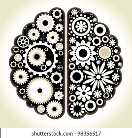 Brain with gears. the concept of logical and associative thinking man