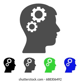 Brain Gears flat vector pictograph. Colored brain gears, gray, black, blue, green icon variants. Flat icon style for application design.