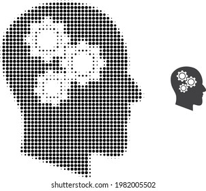 Brain gears halftone dot icon illustration. Halftone pattern contains round points. Vector illustration of brain gears icon on a white background. Flat abstraction for brain gears symbol.