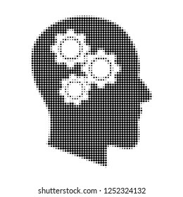 Brain gears halftone dotted icon. Halftone pattern contains round dots. Vector illustration of brain gears icon on a white background.