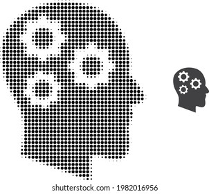 Brain gears halftone dotted icon illustration. Halftone pattern contains circle elements. Vector illustration of brain gears icon on a white background. Flat abstraction for brain gears symbol.