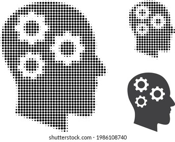 Brain gears halftone dotted icon. Halftone array contains circle pixels. Vector illustration of brain gears icon on a white background.