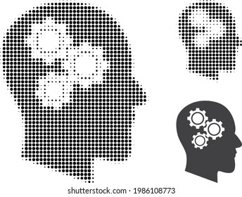 Brain gears halftone dotted icon. Halftone array contains round pixels. Vector illustration of brain gears icon on a white background.