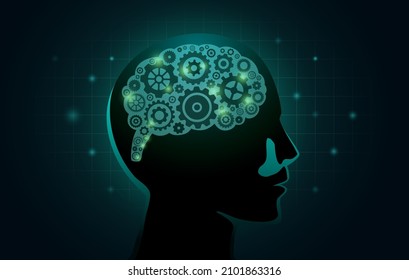 Brain gears in the human head on a green background in technology style. Illustration about any brain work such as thinking, emotion, creativity, or heath.