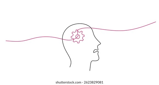 Cerebro con engranajes en el interior en dibujo de línea continua. Concepto de esfuerzo intelectual, resolución de problemas empresariales y pensamiento estratégico. Ilustración vectorial dibujada a mano.