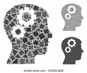 Brain gears mosaic of trembly pieces in various sizes and color tinges, based on brain gears icon. Vector inequal pieces are composed into collage. Brain gears icons collage with dotted pattern.