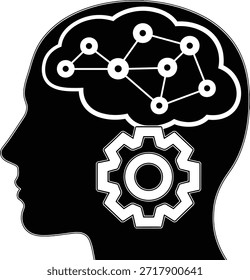 Cerebro con engranajes de red, muestra pensamiento, ideas de diseño creativo. Representa la mente con soluciones de red, simboliza el intelecto, concepto de procesamiento Vector Plantilla de diseño