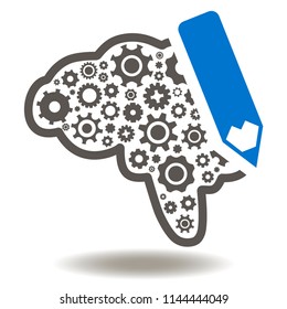 Brain with gears and pencil icon. Creative development illustration. Ideas generation, brainstorm logo. Creativity education symbol. Smart research science sign.