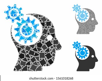Brain gears rotation composition of inequal pieces in different sizes and color tones, based on brain gears rotation icon. Vector inequal dots are organized into composition.