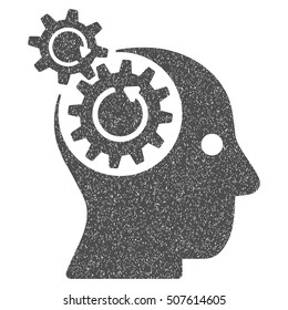 Brain Gears Rotation grainy textured icon for overlay watermark stamps. Flat symbol with dust texture. Dotted vector gray ink rubber seal stamp with grunge design on a white background.