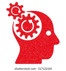 Brain Gears Rotation grainy textured icon for overlay watermark stamps. Flat symbol with dirty texture. Dotted vector red ink rubber seal stamp with grunge design on a white background.