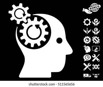 Brain Gears Rotation icon with bonus settings pictures. Vector illustration style is flat iconic white symbols on black background.