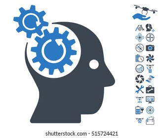 Brain Gears Rotation icon with bonus flying drone tools graphic icons. Vector illustration style is flat iconic symbols on white background.
