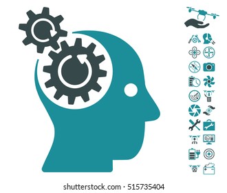 Brain Gears Rotation icon with bonus flying drone tools pictograph collection. Vector illustration style is flat iconic symbols on white background.