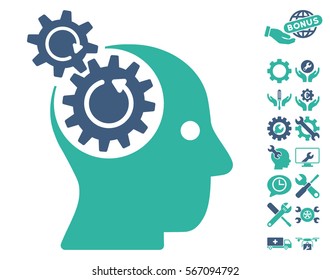 Brain Gears Rotation icon with bonus tools pictograms. Vector illustration style is flat iconic cobalt and cyan symbols on white background.