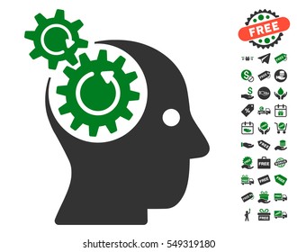 Brain Gears Rotation icon with free bonus symbols. Vector illustration style is flat iconic symbols, green and gray colors, white background.