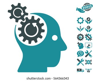 Brain Gears Rotation pictograph with bonus settings icon set. Vector illustration style is flat iconic soft blue symbols on white background.