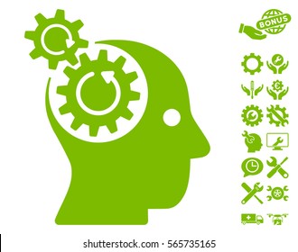 Brain Gears Rotation pictograph with bonus tools pictures. Vector illustration style is flat iconic eco green symbols on white background.