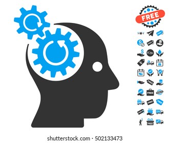 Brain Gears Rotation pictograph with free bonus pictograph collection. Vector illustration style is flat iconic symbols, blue and gray colors, white background.