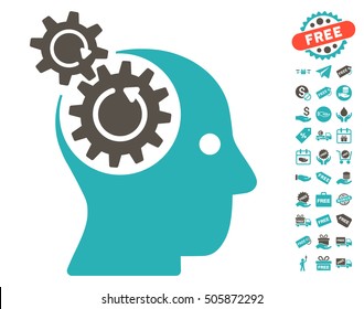 Brain Gears Rotation pictograph with free bonus icon set. Vector illustration style is flat iconic symbols, grey and cyan colors, white background.