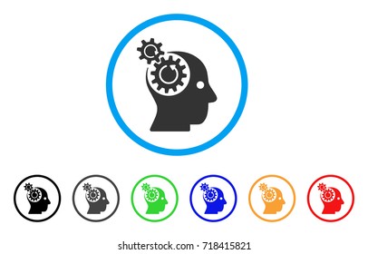 Brain Gears Rotation rounded icon. Style is a flat brain gears rotation grey symbol inside light blue circle with black, gray, green, blue, red, orange versions.