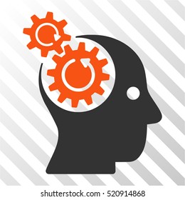Brain Gears Rotation vector icon. Illustration style is flat iconic bicolor orange and gray symbol on a hatched transparent background.