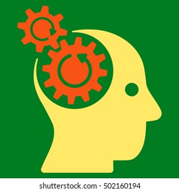 Brain Gears Rotation vector pictogram. Style is flat graphic bicolor symbol, orange and yellow colors, green background.