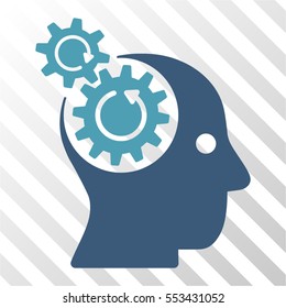 Brain Gears Rotation vector pictogram. Illustration style is flat iconic bicolor cyan and blue symbol on a hatched transparent background.