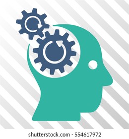 Brain Gears Rotation vector pictogram. Illustration style is flat iconic bicolor cobalt and cyan symbol on a hatched transparent background.