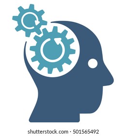 Brain Gears Rotation vector pictograph. Style is flat graphic bicolor symbol, cyan and blue colors, white background.