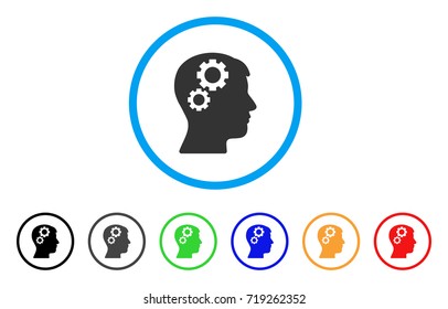 Brain Gears rounded icon. Style is a flat brain gears grey symbol inside light blue circle with black, gray, green, blue, red, orange variants. Vector designed for web and software interfaces.