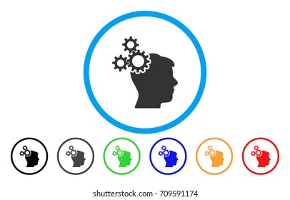 Brain Gears rounded icon. Vector illustration style is a grey flat iconic brain gears symbol inside a circle. Additional color variants are black, grey, green, blue, red, orange.