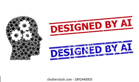 Brain gears star pattern and grunge Designed by Ai seals. Red and blue seals with grunge surface and Designed by Ai word.