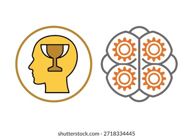 Hirnräder Trophäe Tasse und Kopf Icons für Motivation und Innovationskonzepte