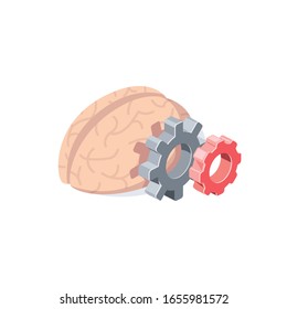 Brain and gears. Vector 3d isometric, color web icon, new flat style. Creative illustration design, graphic idea for infographics.