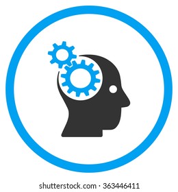 Brain Gears vector icon. Style is bicolor flat circled symbol, blue and gray colors, rounded angles, white background.