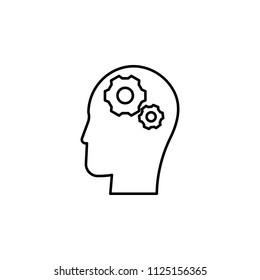 Brain with gears vector line icon isolated on white background. Concept of business thought. Head with cogwheel abstract line icon for infographic, website or app.
