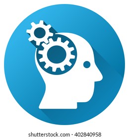 Brain Gears vector toolbar icon for software design. Style is a white symbol on a round blue circle with gradient shadow.