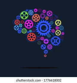 brain gears and wheels. Vector flat illustration for technology or innovation. Creative mind pictogram