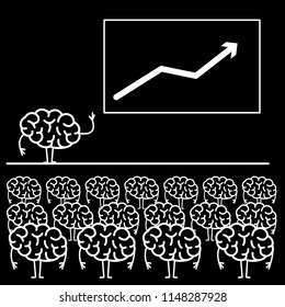 Brain giving a speech on stage. Vector concept illustration of audience, seminar, conference theme  | flat design linear infographic icon white on black background